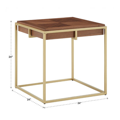 Natural Finish Square End Table With Gold Metal Base