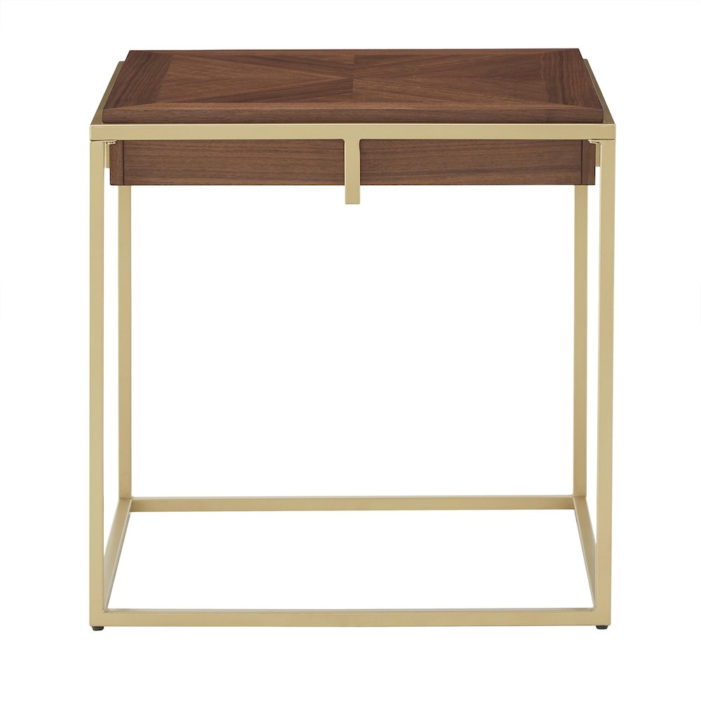 Natural Finish Square End Table With Gold Metal Base