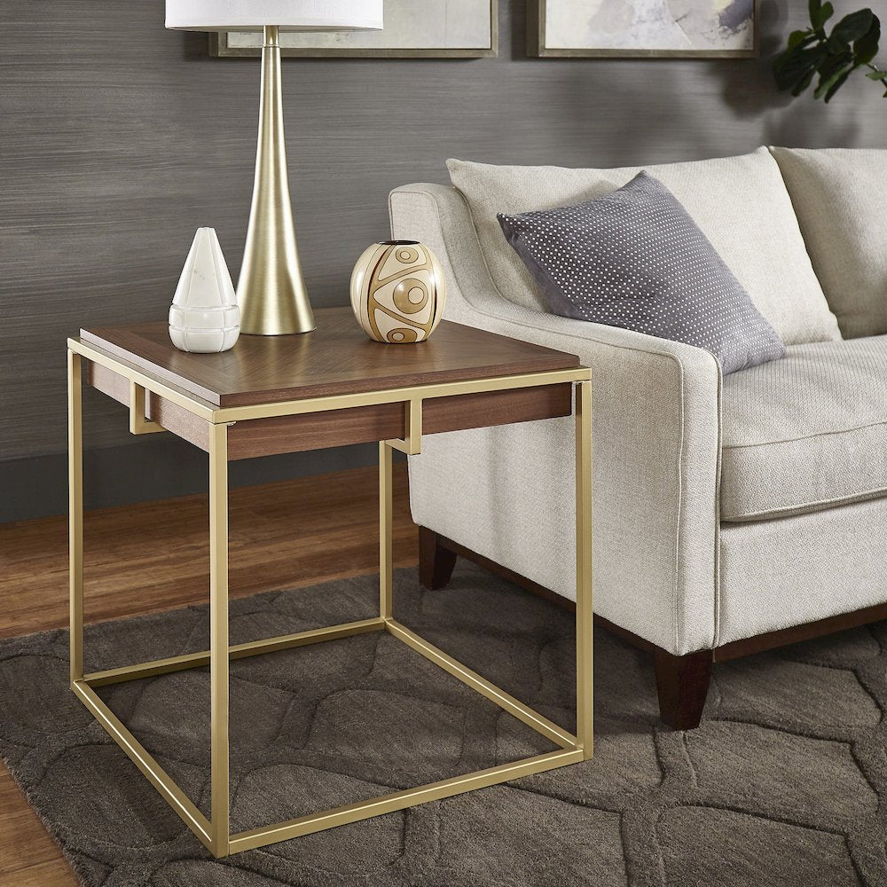 Natural Finish Square End Table With Gold Metal Base