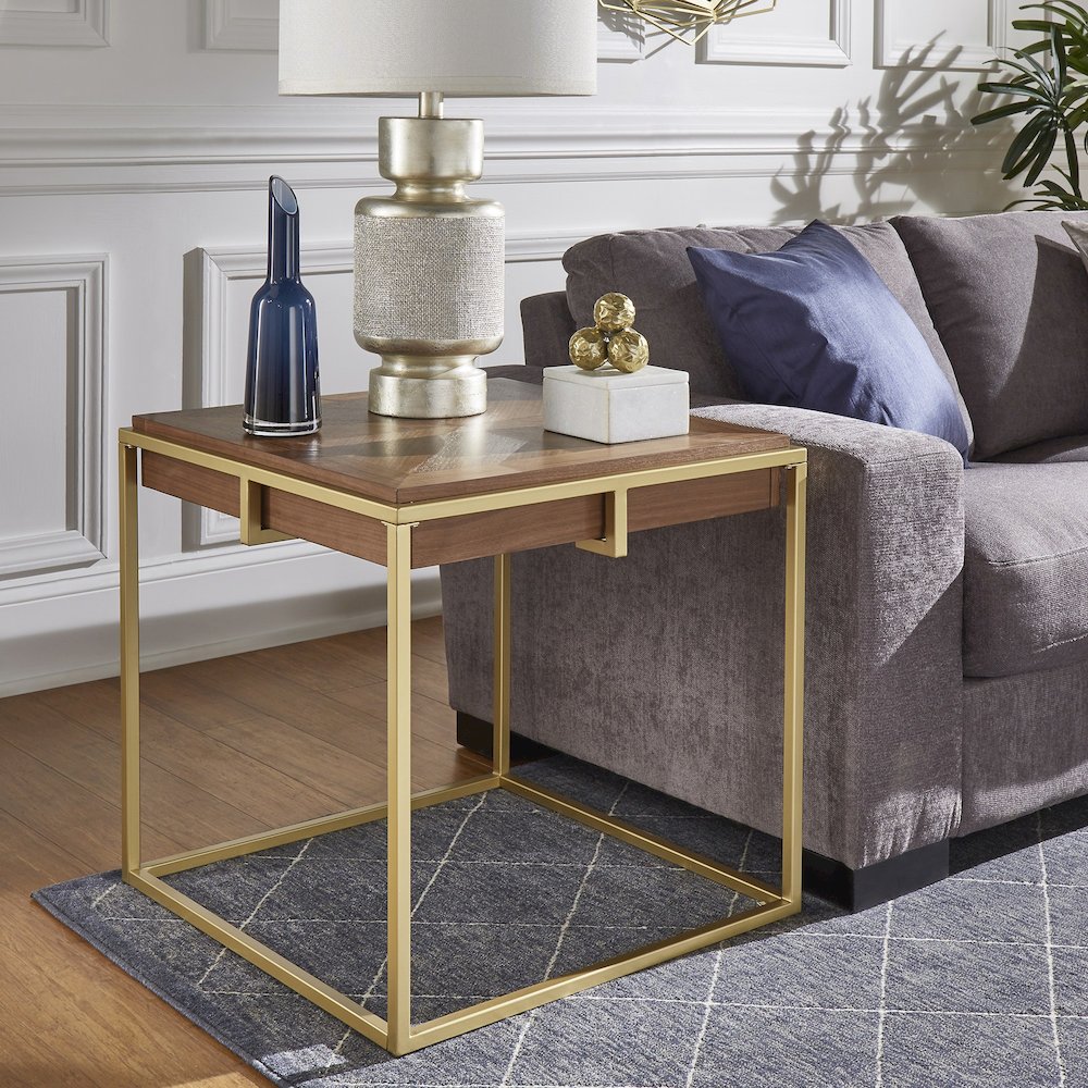 Natural Finish Square End Table With Gold Metal Base
