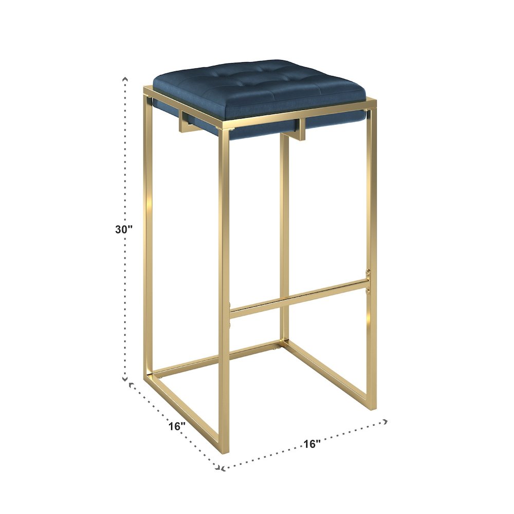 Set of 2, Gold Finish Blue Velvet Bar Height Stool