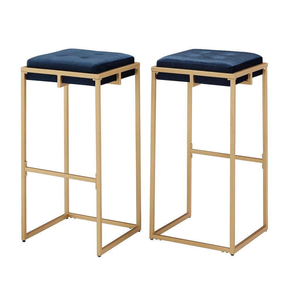 Set of 2, Gold Finish Blue Velvet Bar Height Stool