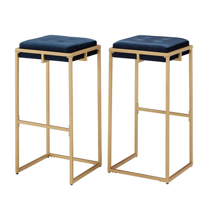 Set of 2, Gold Finish Blue Velvet Bar Height Stool