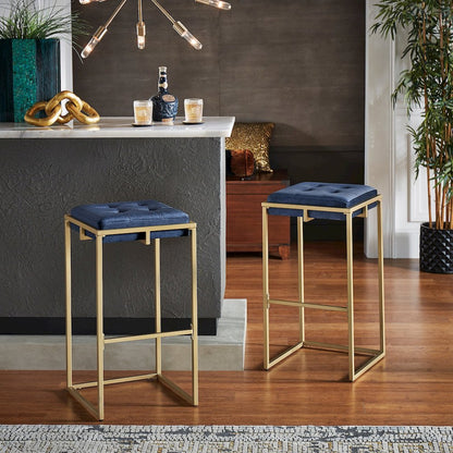 Set of 2, Gold Finish Blue Velvet Bar Height Stool
