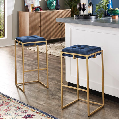 Set of 2, Gold Finish Blue Velvet Bar Height Stool