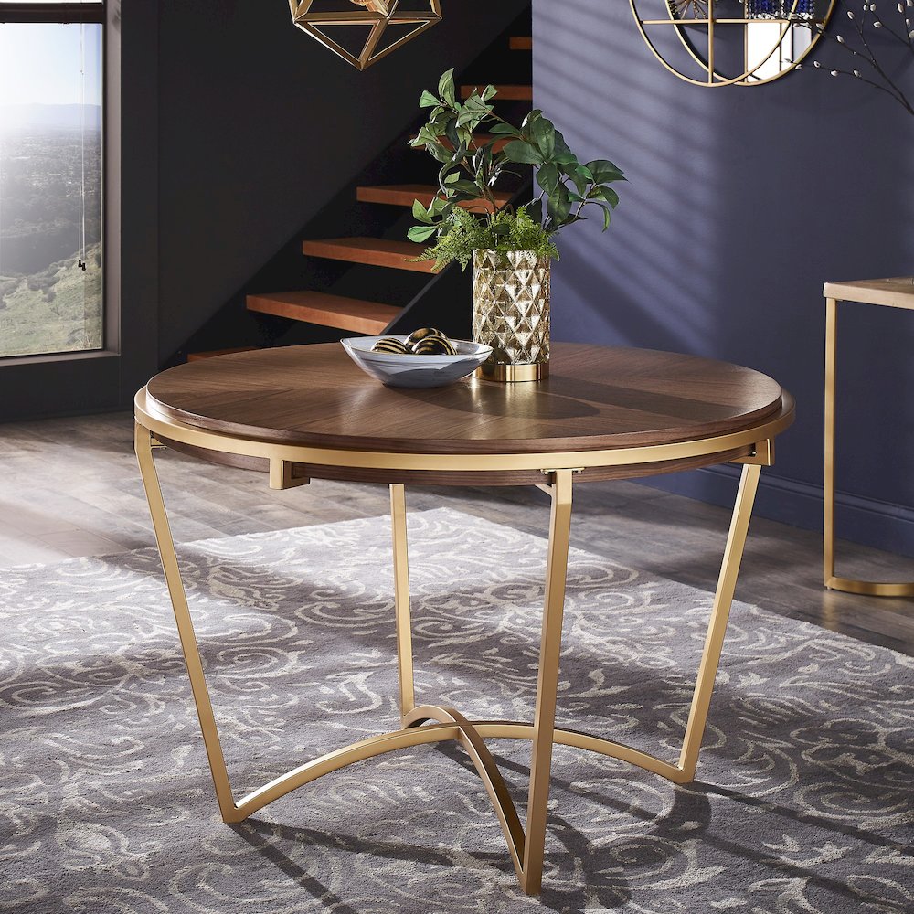 Natural Finish Dining Table With Gold Metal Base