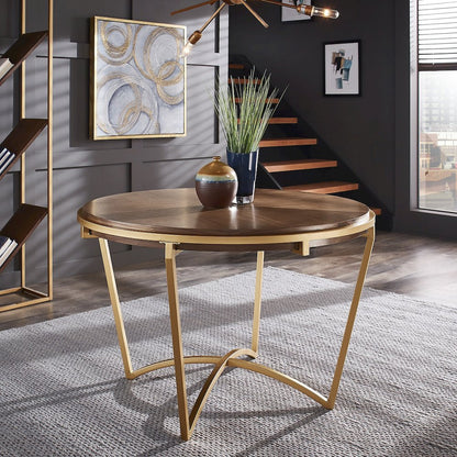 Natural Finish Dining Table With Gold Metal Base