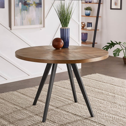 Oak Finish 45" Round Dining Table With Iron Grey Metal Base
