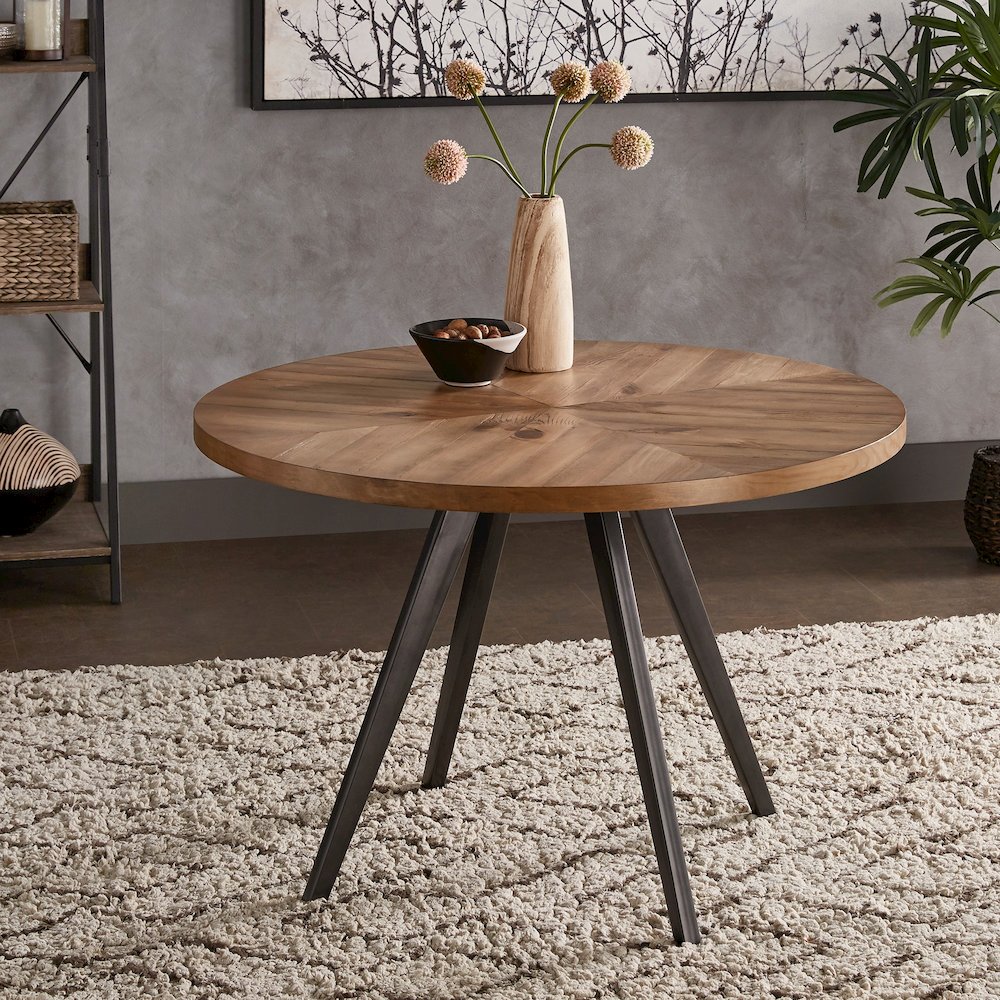 Oak Finish 45" Round Dining Table With Iron Grey Metal Base