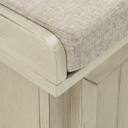 Antique White Finish Storage Bench With Beige Linen Cushion