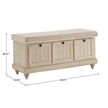 Antique White Finish Storage Bench With Beige Linen Cushion