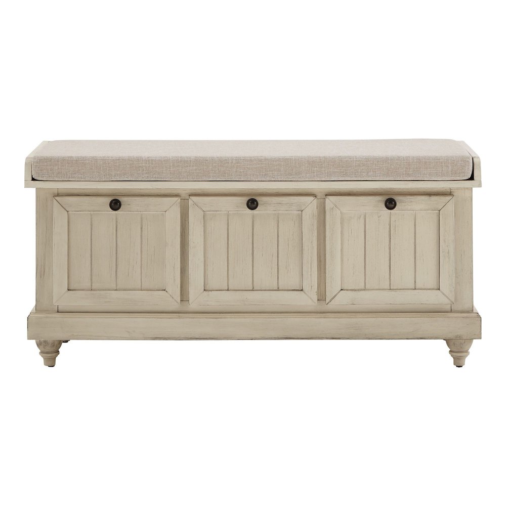 Antique White Finish Storage Bench With Beige Linen Cushion
