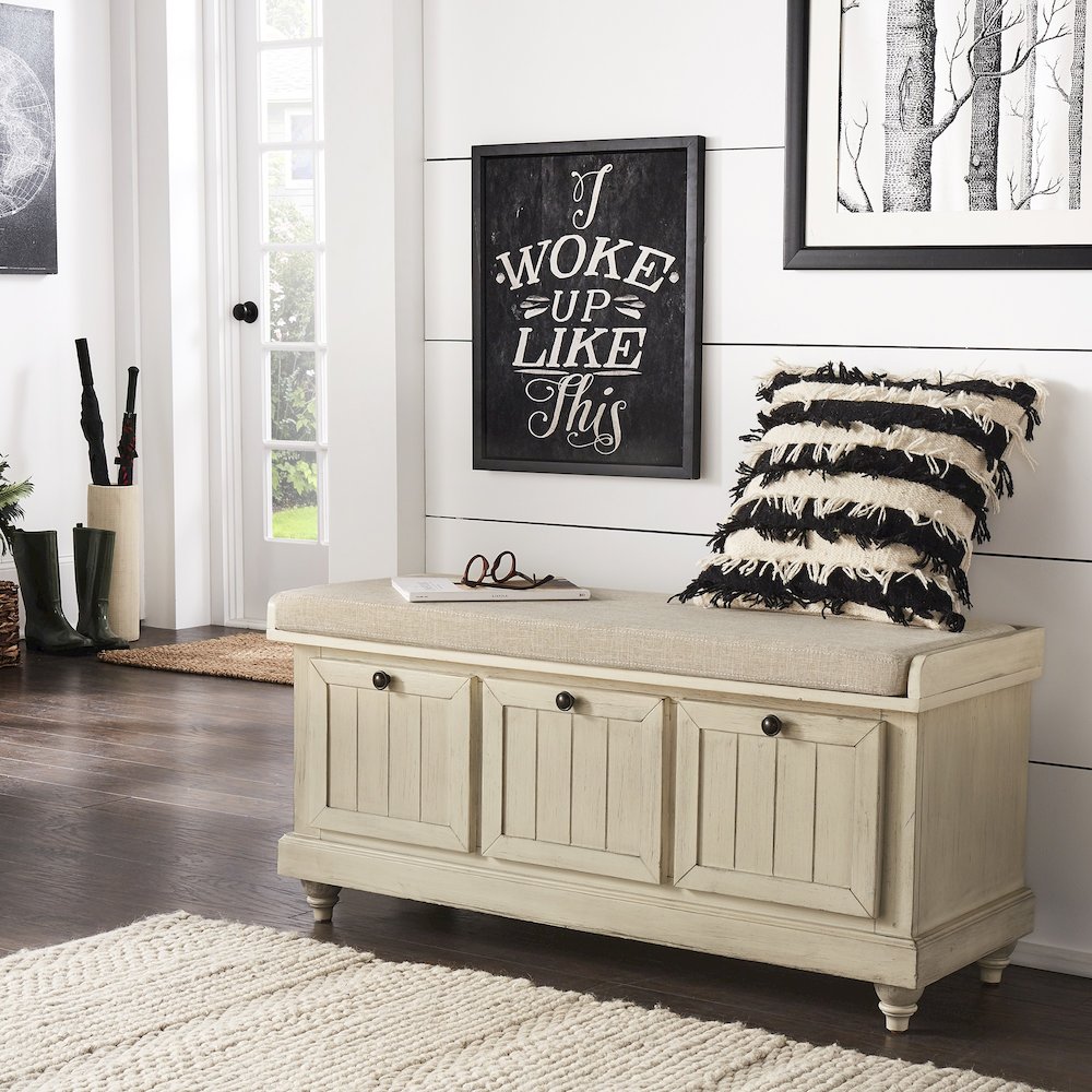 Antique White Finish Storage Bench With Beige Linen Cushion