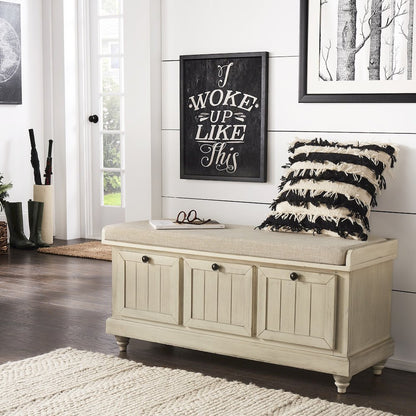 Antique White Finish Storage Bench With Beige Linen Cushion