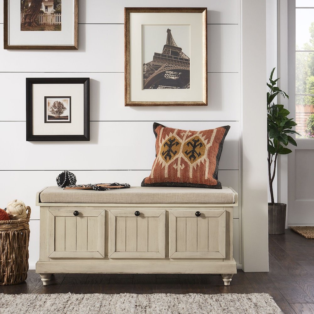 Antique White Finish Storage Bench With Beige Linen Cushion
