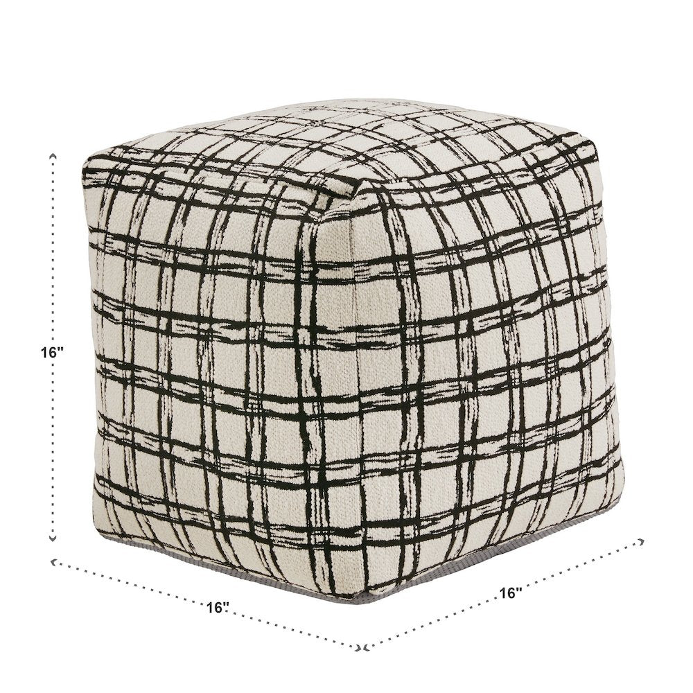 Cube Pouf With Ivory & Black Plaid Pattern Fabric