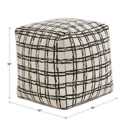Cube Pouf With Ivory & Black Plaid Pattern Fabric