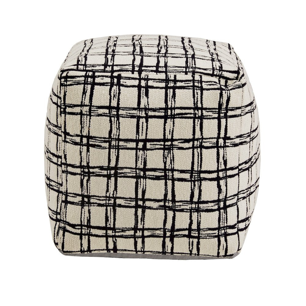 Cube Pouf With Ivory & Black Plaid Pattern Fabric