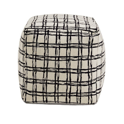 Cube Pouf With Ivory & Black Plaid Pattern Fabric