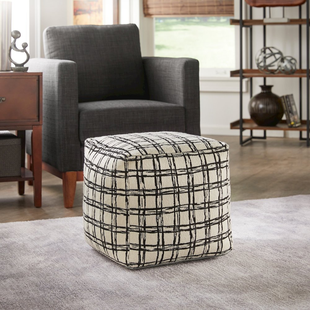 Cube Pouf With Ivory & Black Plaid Pattern Fabric