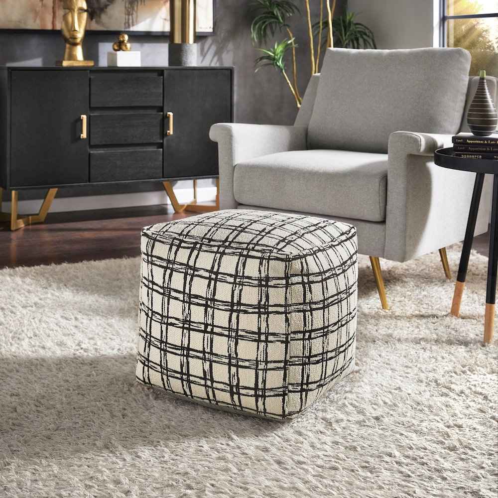 Cube Pouf With Ivory & Black Plaid Pattern Fabric