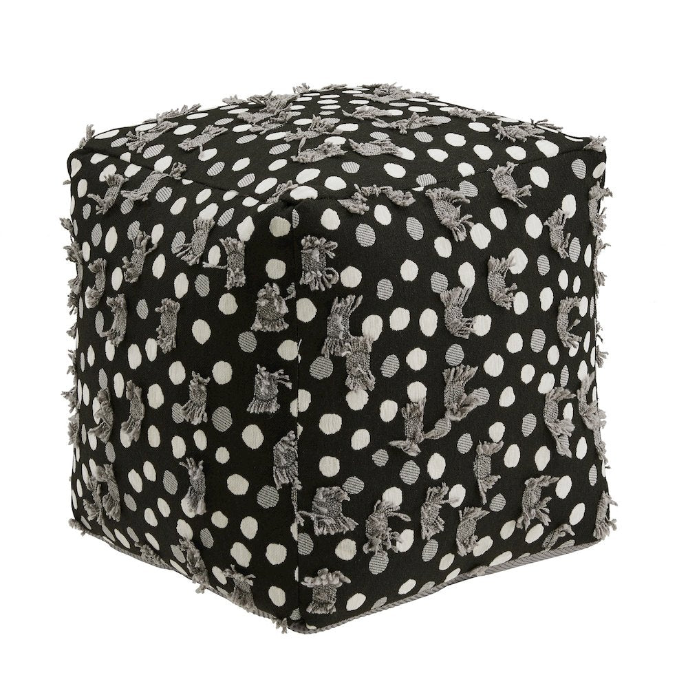 Cube Pouf With Black White & Grey Poker Dot Pattern Fabric With Fringe