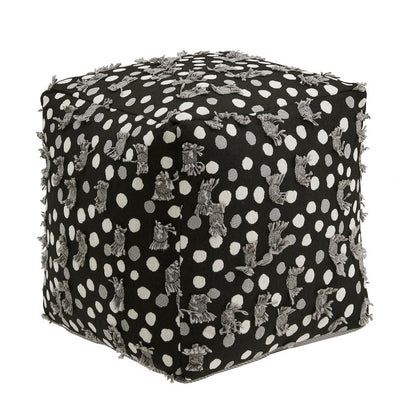 Cube Pouf With Black White & Grey Poker Dot Pattern Fabric With Fringe
