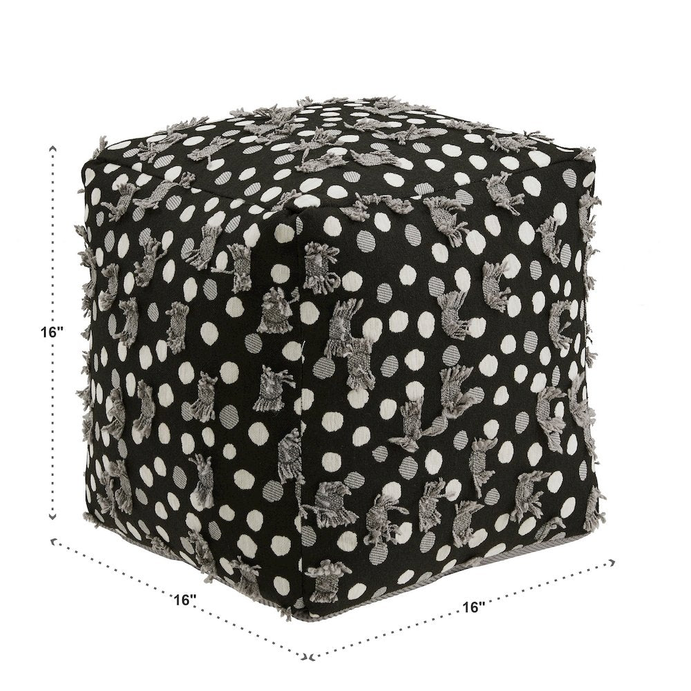 Cube Pouf With Black White & Grey Poker Dot Pattern Fabric With Fringe