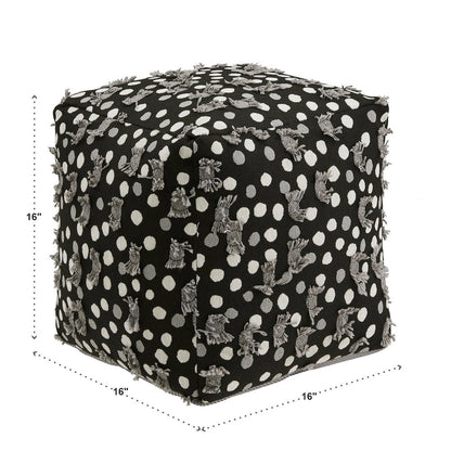 Cube Pouf With Black White & Grey Poker Dot Pattern Fabric With Fringe