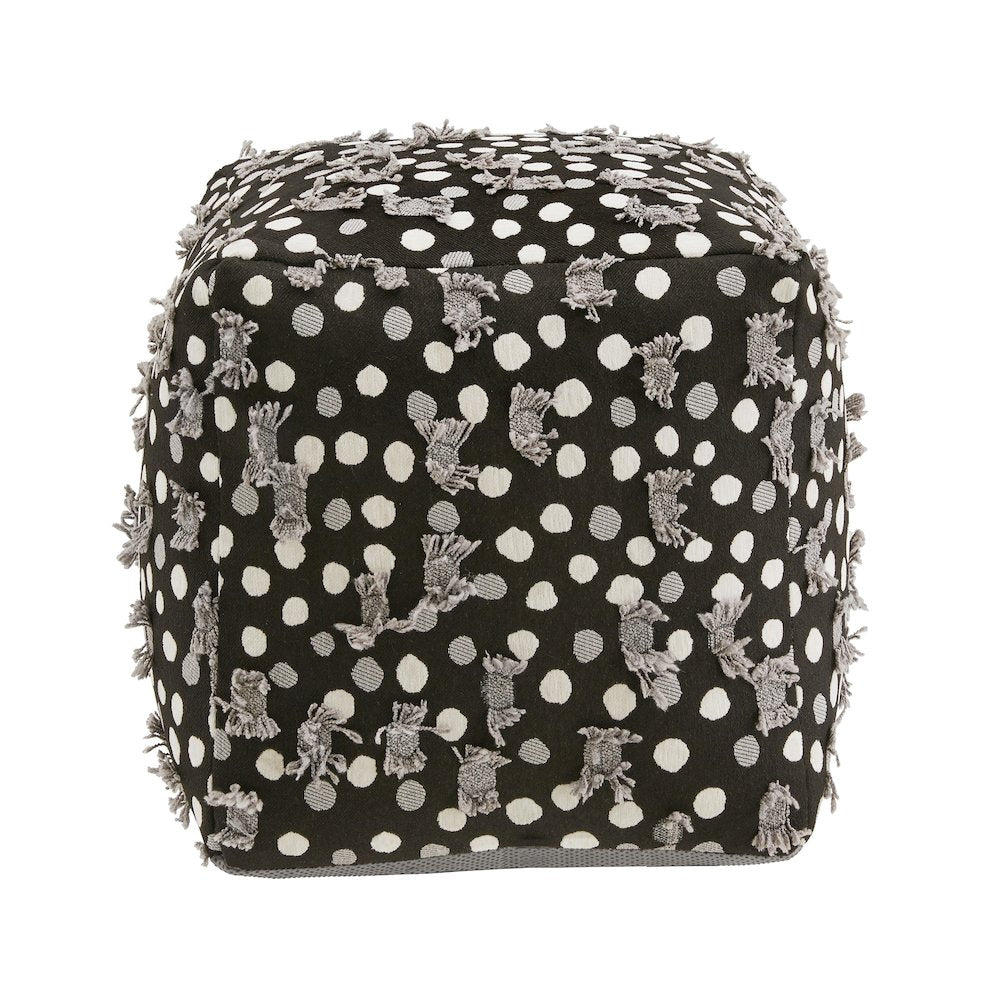 Cube Pouf With Black White & Grey Poker Dot Pattern Fabric With Fringe