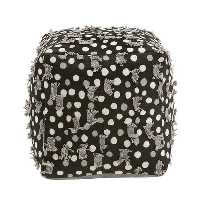 Cube Pouf With Black White & Grey Poker Dot Pattern Fabric With Fringe