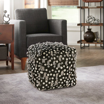 Cube Pouf With Black White & Grey Poker Dot Pattern Fabric With Fringe