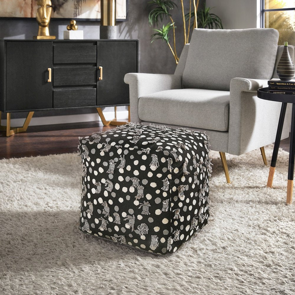 Cube Pouf With Black White & Grey Poker Dot Pattern Fabric With Fringe