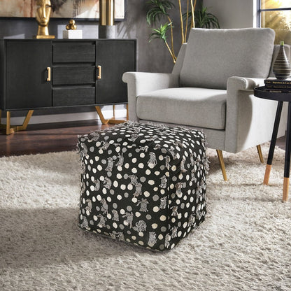 Cube Pouf With Black White & Grey Poker Dot Pattern Fabric With Fringe