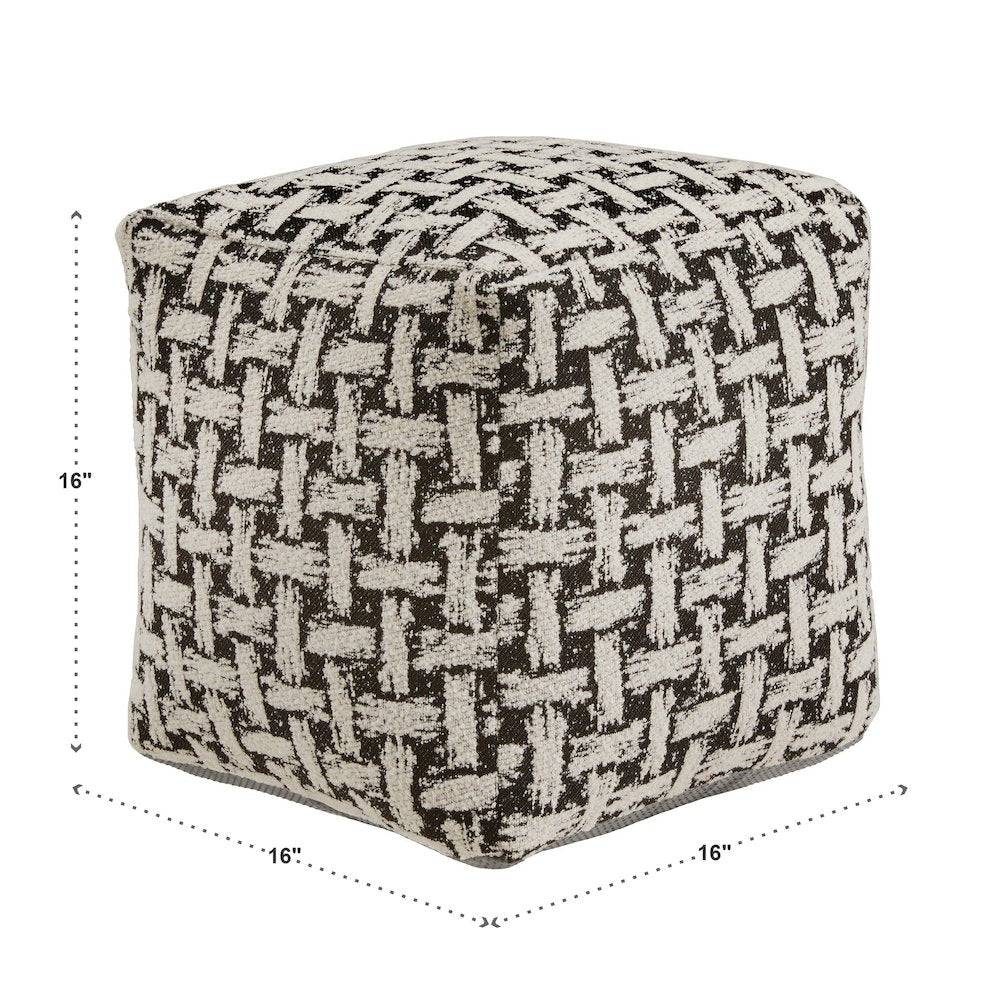 Cube Pouf With White & Black Weaved Pattern Fabric