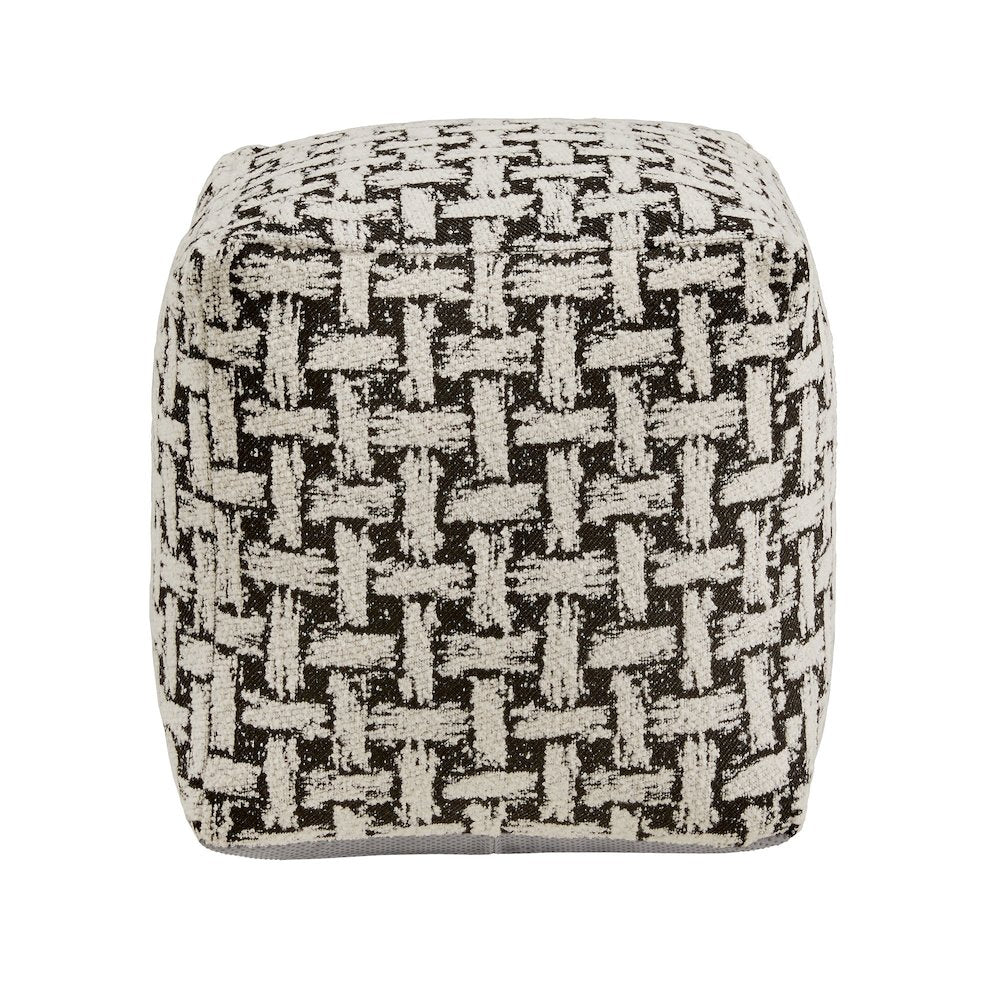Cube Pouf With White & Black Weaved Pattern Fabric