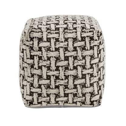 Cube Pouf With White & Black Weaved Pattern Fabric