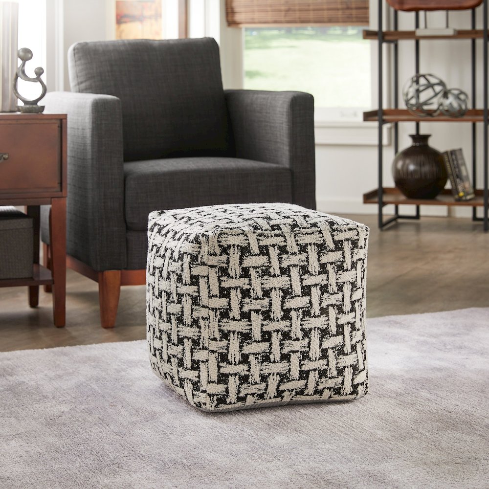 Cube Pouf With White & Black Weaved Pattern Fabric