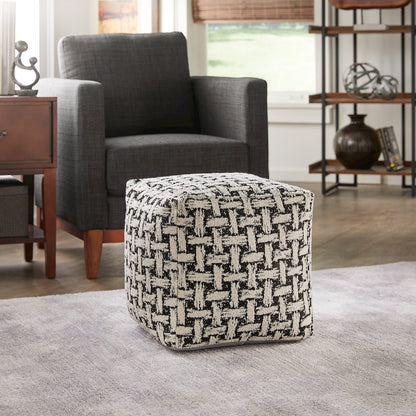 Cube Pouf With White & Black Weaved Pattern Fabric