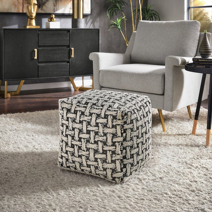Cube Pouf With White & Black Weaved Pattern Fabric