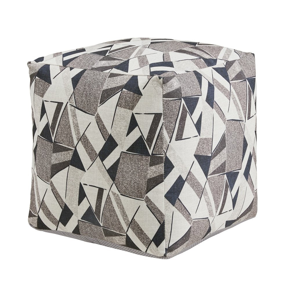 Cube Pouf With Blue & Grey Tone Geometric Pattern Fabric