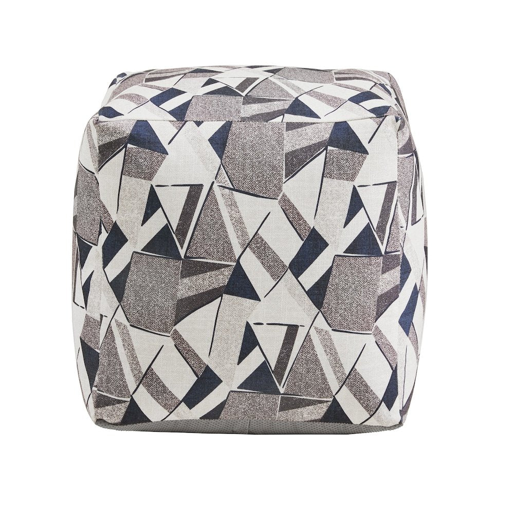 Cube Pouf With Blue & Grey Tone Geometric Pattern Fabric