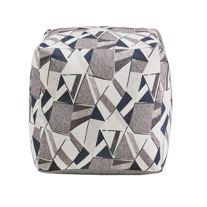 Cube Pouf With Blue & Grey Tone Geometric Pattern Fabric