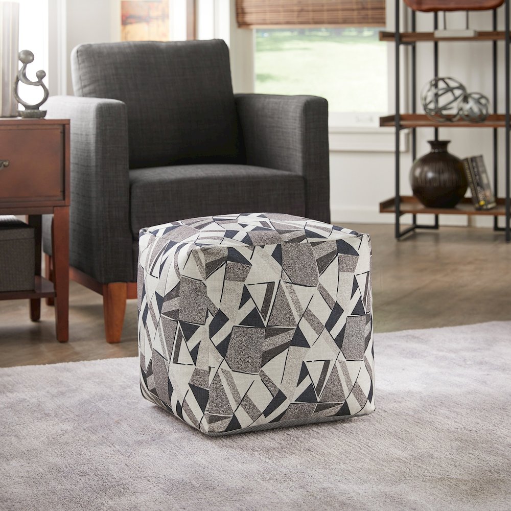 Cube Pouf With Blue & Grey Tone Geometric Pattern Fabric