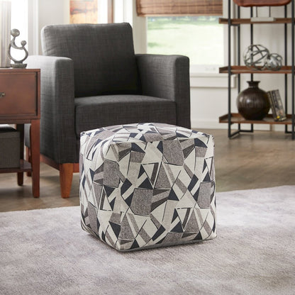 Cube Pouf With Blue & Grey Tone Geometric Pattern Fabric