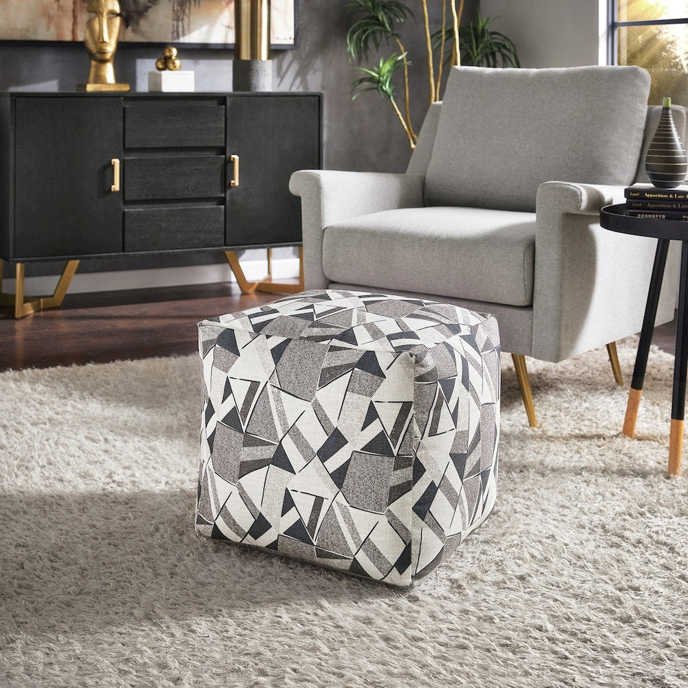 Cube Pouf With Blue & Grey Tone Geometric Pattern Fabric
