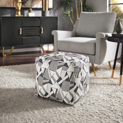 Cube Pouf With Blue & Grey Tone Geometric Pattern Fabric