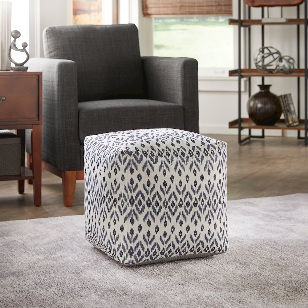 Cube Pouf With Ivory & Blue Abstract Diamond Pattern Fabric