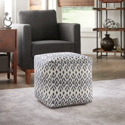 Cube Pouf With Ivory & Blue Abstract Diamond Pattern Fabric