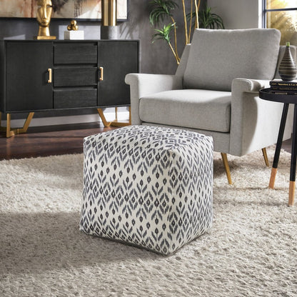 Cube Pouf With Ivory & Blue Abstract Diamond Pattern Fabric